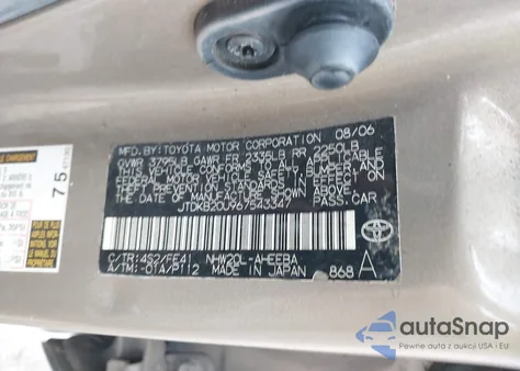 2006 Toyota Prius from USA, damaged, VIN JTDKB20U967543347